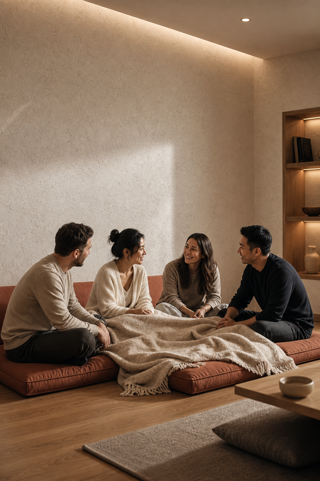 Founders sitting together in a warm retreat room
